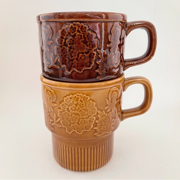 1970s Vintage Stackable Gold Brown Mugs Cups Floral Design Made in Japan - Picture 8 of 11